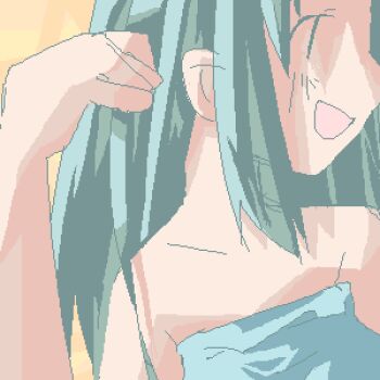 1girl adjusting_hair archived_source asami_natsuhito bare_shoulders collarbone from_side green_shirt jaggy_lines long_hair lowres open_mouth original profile shirt sidelocks simple_background slit_pupils solo straight_hair strapless strapless_shirt yellow_background