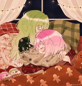 2girls blush brown_sweater christmas closed_eyes commentary cuddling curtains english_commentary green_hair highres hug kusanagi_nene long_hair multiple_girls ootori_emu pink_hair project_sekai red_sweater string_lights sweater the_coconutnut under_covers yuri