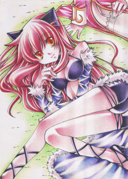 2000s_(style) 2girls animal_ears ass black_shoes breasts cat_ears cat_girl cleavage closed_mouth clothing_cutout commentary detached_sleeves dress english_commentary foot_out_of_frame fur-trimmed_sleeves fur_trim garter_straps high_priest_(ragnarok_online) izumishibo long_hair looking_at_viewer lying medium_breasts multiple_girls on_ground on_side pink_dress pink_hair purple_shorts purple_sleeves purple_tank_top ragnarok_online shoes short_shorts shorts smile solo_focus stalker_(ragnarok_online) stomach_cutout tank_top thighhighs traditional_media white_thighhighs yellow_eyes