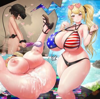 1boy 1girl 2022 aftersex ahegao american_flag_bikini american_flag_print arrow_(symbol) ass belt bikini black_bra black_hair blonde_hair blue_bra blush bottomless bra bracelet breasts breeding bug cable cuffs cum cum_in_pussy excited eyebrows flag_print flag_print_bikini fly glasses gold_bracelet hair_bun handcuffs head-mounted_display headset heart high_heels highres huge_ass huge_breasts huge_nipples huge_pussy insect jewelry legs legs_up long_hair looking_at_viewer masturbation mating_press motion_lines nail_(hardware) nails nipples no_bra no_panties no_pants nude open_mouth orgasm penis perky_breasts pink_glasses ponytail print_bikini red_bra red_eyes shiny_skin shoes shota sinensian sky smile standing swimsuit teeth testicles thick_thighs thighs tongue topless_female topless_male uncensored underwear virtual_reality waiting wall water white_bra