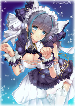 1girl absurdres animal_ears apron artist_name azur_lane blue_eyes blue_streaks breasts cheshire_(azur_lane) cleavage commentary_request cowboy_shot detached_sleeves dress earrings fake_animal_ears frilled_apron frilled_hairband frills hairband highres himura_moritaka jewelry large_breasts leaning_forward looking_at_viewer maid_headdress multicolored_hair paw_pose purple_apron solo streaked_hair thighhighs variant_set white_dress white_thighhighs wrist_cuffs