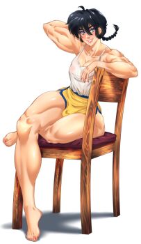 1boy barefoot bishounen black_hair breasts bulge chair cleavage cosplay crossed_legs dolphin_shorts grin highres lips long_hair muscular muscular_male on_chair puffy_male_chest ranma_1/2 relaxing saotome_ranma shiranui_mai shiranui_mai_(cosplay) short_shorts shorts sitting smile solo street_fighter street_fighter_6 suiren_ciao tank_top the_king_of_fighters thick_thighs thighs white_tank_top yellow_shorts