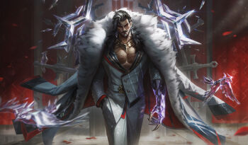 1boy absurdres beard bird black_gloves black_hair coat colonnade crystal_arm crystal_bird earrings facial_hair formal_clothes gloves grey_hair highres jewelry league_of_legends long_hair looking_at_viewer muscular muscular_male mustache necklace pectorals pepeno prestige_chosen_of_the_wolf_swain red_eyes suit swain_(league_of_legends) white_coat white_suit