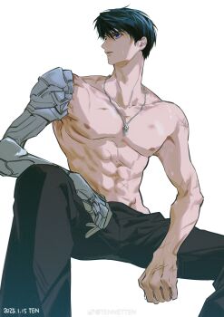 1boy abs absurdres artist_name black_hair caleb_(love_and_deepspace) commentary_request dated highres invisible_chair jewelry looking_to_the_side love_and_deepspace male_focus mechanical_arms necklace scar short_hair simple_background single_mechanical_arm sitting solo tennetshizi topless_male watermark weibo_username weibo_watermark white_background