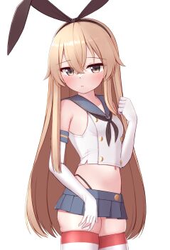 1girl absurdres black_hairband black_neckerchief black_panties blonde_hair blue_sailor_collar blue_skirt crop_top elbow_gloves gloves grey_eyes hairband highleg highleg_panties highres kantai_collection long_hair looking_at_viewer microskirt miniskirt neckerchief panties pleated_skirt sailor_collar shimakaze_(kancolle) shirt simple_background skirt sleeveless sleeveless_shirt solo standing striped_clothes striped_thighhighs thighhighs tiemu_(man190) underwear white_background white_gloves