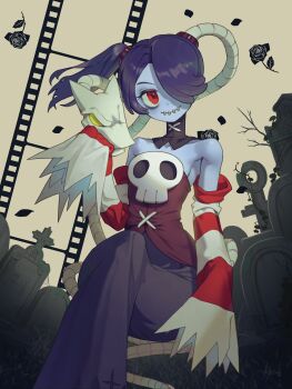 1girl absurdres bare_shoulders black_collar black_skirt blue_hair blue_skin bone breasts closed_mouth collar colored_skin commentary_request detached_collar detached_sleeves dress feet_out_of_frame film_strip flower graveyard hair_over_one_eye highres iskimxk long_hair long_skirt looking_at_viewer object_through_head red_dress red_eyes rose side_ponytail signature sitting skirt skull skullgirls sleeves_past_fingers sleeves_past_wrists small_breasts smile solo squigly_(skullgirls) stitched_mouth stitches striped_clothes striped_sleeves tombstone yellow_eyes zombie