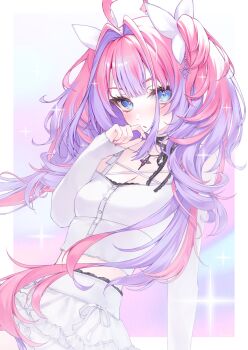 +_+ 1girl ahoge blue_eyes blush breasts cleavage fingernails gradient_background hair_intakes hair_ribbon highres hololive hololive_dev_is ishikawa_rio kikirara_vivi long_hair long_sleeves looking_at_viewer midriff_peek multicolored_hair nail_polish pink_hair pink_nails purple_hair ribbon shirt skirt sleeves_past_wrists solo sparkle twintails two-tone_hair virtual_youtuber white_background white_ribbon white_shirt white_skirt