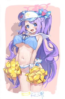 1girl blue_archive blue_eyes blush bow breasts cheerleader clothes_lift commentary crop_top crop_top_overhang cropped_legs fang groin hair_ornament halo hanae_(blue_archive) hanae_(cheer_squad)_(blue_archive) hat heart heart_hair_ornament highres large_breasts long_hair looking_at_viewer microskirt midriff miniskirt nemo_(leafnight) official_alternate_costume open_mouth panties pom_pom_(cheerleading) purple_hair revision sailor_collar simple_background skirt skirt_lift solo sweat symbol-only_commentary trinity_cheerleader_outfit_(blue_archive) two_side_up underboob underwear very_long_hair visor_cap white_panties white_sailor_collar x_hair_ornament