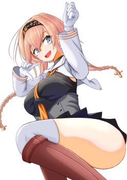 1girl absurdres black_headband blue_eyes blush boots braid breasts brown_hair clothes_writing commentary_request convenient_censoring corset gloves grey_eyes hachimaki hair_ornament hairband headband highres jacket kantai_collection large_breasts long_hair long_sleeves looking_at_viewer neckerchief open_mouth orange_neckerchief original_remodel_(kantai_collection) propeller_hair_ornament school_uniform serafuku skirt smile solo standing standing_on_one_leg tastas teruzuki_(kancolle) thighhighs twin_braids white_thighhighs