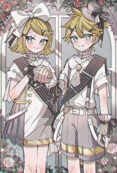 1boy 1girl black_bow blonde_hair blue_eyes blush bow brother_and_sister closed_mouth double-parted_bangs feet_out_of_frame grey_hat grey_necktie grey_shorts hair_between_eyes hair_bow hair_ornament hashtag-only_commentary hat highres kagamine_len kagamine_rin looking_at_viewer maca1227 miku_symphony_(vocaloid) nail_polish necktie parted_bangs shirt short_hair short_sleeves shorts siblings smile standing striped_bow suspender_shorts suspenders tie_clip twins vocaloid white_bow white_shirt wrist_cuffs x_hair_ornament yellow_nails