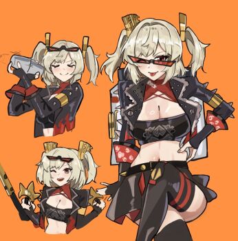 Rule 34 | 1girl, ;d, ;p, amiris (amiris76455574), black gloves, black jacket, black skirt, black thighhighs, blonde hair, breasts, burnice white, closed eyes, cocktail shaker, commentary, cowboy shot, crossed legs, eyewear on head, facing viewer, fingerless gloves, fingernails, flamethrower, gloves, hands up, holding flamethrower, holding weapon, jacket, korean commentary, looking at viewer, midriff, multiple views, one eye closed, open mouth, orange background, red-tinted eyewear, red eyes, short hair, simple background, skirt, smile, thighhighs, tinted eyewear, tongue, tongue out, twintails, zenless zone zero