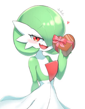 Rule 34 | +++, 1girl, arm behind back, blush, bob cut, bow, box, colored skin, fang, female focus, flat chest, gardevoir, gen 3 pokemon, gift, gift box, green hair, green skin, hair over one eye, half-closed eyes, hand up, happy, heart, heart-shaped box, holding, holding gift, looking at viewer, multicolored skin, nintendo, one eye covered, open mouth, pokemon, pokemon (creature), raised eyebrows, red bow, red eyes, sara (sublender1234), short hair, simple background, skin fang, smile, solo, standing, two-tone skin, white background, white skin