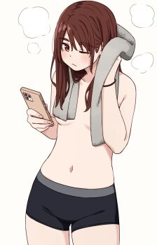 Rule 34 | 1girl, after bathing, black panties, blush, boyshort panties, breasts, brown eyes, brown hair, cellphone, highres, kapatarou, long hair, navel, original, panties, phone, small breasts, smartphone, solo, topless female, towel, underwear, white background