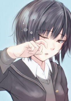 Rule 34 | 1girl, absurdres, amagami, black eyes, black hair, black jacket, black sailor collar, blazer, blue background, collared shirt, grey sweater, highres, jacket, kibito high school uniform, long sleeves, looking at viewer, nanasaki ai, one eye closed, oshizu, parted lips, rubbing eyes, sailor collar, school uniform, shirt, short hair, simple background, sleepy, solo, sweater, tears, upper body, white shirt, wince, winter uniform
