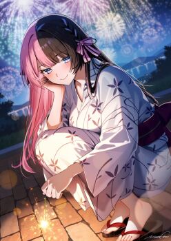 1girl aerial_fireworks black_hair blue_eyes blush bow breasts closed_mouth dutch_angle feet fireworks flip-flops floral_print full_body hair_bow hand_up highres holding holding_fireworks japanese_clothes kimono long_hair looking_at_viewer medium_breasts night niwachichi_(maekawasan) obi obijime outdoors pink_bow pink_hair print_kimono sandals sash signature smile solo sparkler squatting tachibana_hinano tiptoes toenails virtual_youtuber vspo! white_kimono yukata
