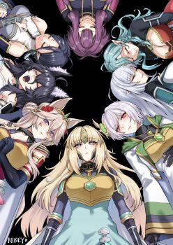 6+girls ahoge animal_ear_fluff animal_ears aqua_hair armor armored_dress artist_name black_hair blonde_hair blue_eyes breasts cat_ears cat_girl cat_tail character_request cleavage closed_eyes closed_mouth commentary dress duet_(kagejitsu) elf english_commentary facial_mark flower freya_(kagejitsu) grey_hair hair_between_eyes hair_flower hair_ornament highres kage_no_jitsuryokusha_ni_naritakute! kage_no_jitsuryokusha_ni_naritakute!_master_of_garden large_breasts lili_(kagejitsu) long_hair looking_at_viewer lying mibry_(phrysm) multiple_girls olivier_(kagejitsu) on_back open_mouth parted_lips pente_(kagejitsu) pointy_ears purple_eyes purple_hair red_eyes saliva short_hair sleeping slit_pupils smile tail tiara very_long_hair wolf_ears wolf_girl