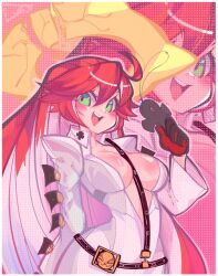 Rule 34 | 1girl, ahoge, blush, bodysuit, breasts, broken halo, cleavage, collarbone, green eyes, guilty gear, guilty gear strive, halo, jack-o&#039; valentine, large breasts, long hair, looking at viewer, multicolored hair, poopiepluto, red hair, solo, two-tone hair, upper body, white bodysuit, white hair, yellow halo, zoom layer