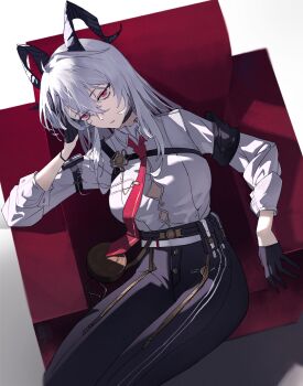 1girl absurdres arm_pouch black_choker black_gloves black_horns black_pants breasts button_gap chest_harness choker closed_mouth collared_shirt commentary curled_horns double_slash_(uphx3853) gloves grey_hair hair_between_eyes harness head_rest high-waist_pants highres horns large_breasts long_hair looking_at_viewer mole mole_under_eye necktie pants red_eyes red_necktie shirt shirt_tucked_in solo white_shirt wuthering_waves zani_(wuthering_waves)