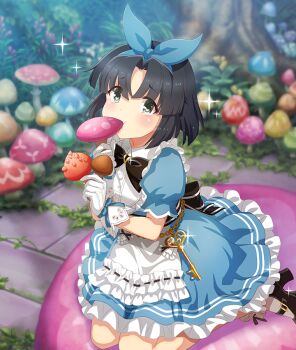 1girl :t alice's_adventures_in_wonderland alice_(alice_in_wonderland) alice_(alice_in_wonderland)_(cosplay) black_bow black_bowtie black_ribbon black_shoes blue_bow blue_dress blue_hairband blue_ribbon blush bow bow_hairband bowtie brown_socks chain cosplay dress eating frilled_dress frilled_socks frills game_cg gloves gold_chain green_eyes hairband high_heels holding holding_mushroom key looking_at_viewer mushroom musumi_kiyoka official_art on_mushroom outdoors parted_bangs ribbon shoes short_sleeves sitting socks solo sparkle stone_walkway tears third-party_source toji_no_miko toji_no_miko:_kizamishi_issen_no_tomoshibi tree waist_ribbon wariza white_gloves