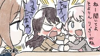 Rule 34 | 3girls, bang dream!, bang dream! it's mygo!!!!!, blue eyes, blush, brown dress, brown hair, chihaya anon, commentary request, dress, fang, grey eyes, hanasakigawa school uniform, haneoka school uniform, highres, long hair, long sleeves, miyaji, mole, mole under eye, multiple girls, nagasaki soyo, open mouth, school uniform, shiina taki, skin fang, translation request, tsukinomori school uniform