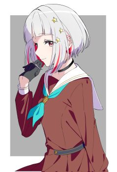 1girl aqua_neckerchief black_choker black_gloves border breasts brown_dress choker closed_mouth colored_inner_hair commentary corrupted_twitter_file dress gloves grey_background hair_ornament half_gloves hasu_no_sora_school_uniform highres kai_(shell) link!_like!_love_live! long_sleeves looking_at_viewer love_live! multicolored_hair neckerchief outside_border profile red_eyes red_hair sailor_collar sailor_dress school_uniform simple_background small_breasts smile solo star_(symbol) star_hair_ornament streaked_hair virtual_youtuber white_border white_hair white_sailor_collar winter_uniform yugiri_tsuzuri