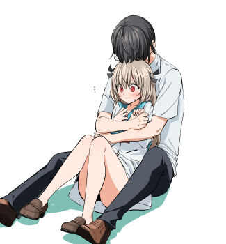 ... 1boy 1girl absurdres arms_up ascot atri atri-my_dear_moments- between_legs black_hair black_pants black_ribbon blue_sailor_collar blush brown_footwear brown_hair closed_mouth collared_shirt commentary_request contrast_collar couple dress embarrassed eyes_visible_through_hair hair_between_eyes hair_ribbon hands_up heads_together hetero highres holding_hands hug hug_from_behind ikaruga_natsuki knees_together_feet_apart knees_up loafers long_hair long_sleeves looking_down no_socks pants rasupekuto red_ascot red_eyes ribbon sailor_collar sailor_dress shirt shoes short_dress short_hair short_sleeves simple_background sitting sitting_between_lap straight_hair surprised sweatdrop tareme two_side_up white_background white_dress white_shirt wide-eyed