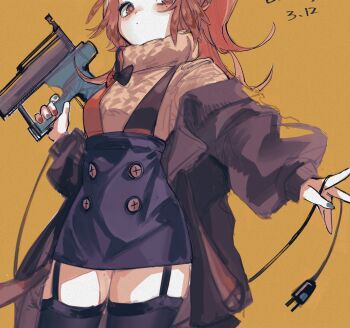 1girl aran_sweater arknights bad_id bad_twitter_id black_bow black_thighhighs blue_nails blue_skirt blush bow brown_background brown_sweater buttons cable_knit cropped dated feather_hair garter_straps gun highres holding holding_gun holding_weapon long_hair mmm_ma_pmpm mole mole_under_eye multicolored_nails nail_gun nail_polish one-hour_drawing_challenge orange_eyes orange_hair pinecone_(arknights) plug ponytail red_nails simple_background sketch skirt solo sweater thighhighs weapon wire