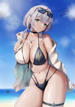 1girl absurdres beach bikini black_bikini blue_eyes blue_sky breasts cloud commentary dated day english_commentary eyewear_on_head front-tie_bikini_top front-tie_top grey_hair highres hololive horizon multi-strapped_bikini_bottom multicolored_bikini ocean outdoors second-party_source shirogane_noel shirogane_noel_(summer_2020) sky solo sunglasses swimsuit thank_you two-tone_bikini virtual_youtuber yamamori_kinako
