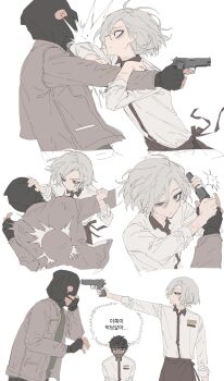 3boys absurdres apron balaclava black_eyes black_gloves bound brown_apron contemporary dungeon_meshi elbowing fingerless_gloves gloves green_shirt grey_jacket gun handgun highres holding holding_gun holding_weapon hostage jacket kabru korean_text long_sleeves maratang mithrun multiple_boys notched_ear pointy_ears restrained shirt short_hair simple_background speech_bubble tears thought_bubble tied_up_(nonsexual) weapon white_background white_hair white_shirt