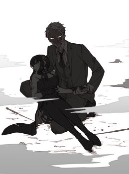 1boy 1girl bare_shoulders blood boots breasts bruise closed_mouth collared_shirt commentary_request cuts dagger defeat dress eyes_in_shadow face_in_shadow fingerless_gloves flower formal_clothes gloves greyscale hair_flower hair_ornament hairband highres holding_hands injury jacket kneeling knife lapel_pin lapels large_breasts long_sleeves looking_at_viewer monochrome necktie no_mouth parted_lips shirt short_hair short_hair_with_long_locks sleeveless sleeveless_dress smoke spy_x_family suit suit_jacket sunbo_zatta thigh_boots twilight_(spy_x_family) unconscious very_short_hair vest waistcoat weapon yor_briar
