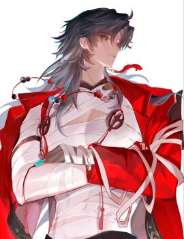 1boy bandaged_chest bandages black_hair blade_(elation)_(honkai:_star_rail) blade_(honkai:_star_rail) closed_mouth coat cowboy_shot crossed_arms earrings hashtag-only_commentary highres honkai:_star_rail honkai_(series) jewelry long_hair looking_to_the_side male_focus mandarin_collar necklace official_alternate_costume open_clothes open_coat piercing red_coat red_eyes sheunsnzh simple_background single_earring solo tassel white_background