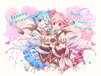 1boy 1girl :d balloon birthday birthday_cake blue_eyes blue_hair blue_skirt boots braid brother_and_sister cake commentary_request confetti crop_top crossdressing crossdressing_(mtf) detached_collar dorothy_west food full_body happy_birthday heart_balloon high_heel_boots high_heels highres hiiragi_kani holding holding_cake holding_food idol_clothes jumping looking_at_viewer mole mole_under_eye one_eye_closed open_mouth pink_eyes pink_hair pink_skirt pretty_series pripara reona_west short_hair siblings side_braid skirt smile star_balloon streamers thigh_boots trap twins v white_boots wrist_cuffs