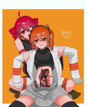 2girls a.i._voice absurdres adachi_rei ahoge android black_shirt black_thighhighs cable clothes_lift commentary_request drill_hair gloves grey_skirt highres holding_another's_arm jacket kasane_teto long_sleeves looking_at_viewer miniskirt multiple_girls one_side_up open_clothes open_jacket orange_eyes orange_hair outside_border red_eyes red_hair seibutsu_(kaibu23_seibutu) shirt shirt_lift sitting skirt thighhighs twin_drills utau white_gloves white_jacket