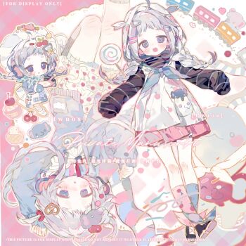 1girl ahoge asymmetrical_legwear blunt_bangs blush braid candy cherry chibi chibi_inset child commission cupcake dessert dress food fruit grey_hair highres hood hood_up lollipop long_hair long_sleeves looking_at_viewer mihuashi_commission mismatched_legwear multiple_views open_mouth original ringed_eyes shoes short_eyebrows socks toy_train twuos