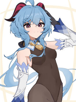 1girl ahoge alternate_costume armpits bare_shoulders bell black_bow black_gloves blue_hair blush bow breasts brown_leotard brown_pantyhose closed_mouth commentary_request covered_navel cowboy_shot detached_collar detached_sleeves floating_hair ganyu_(genshin_impact) genshin_impact gloves goat_horns hair_bow hand_on_own_head hand_up highres horns leotard long_hair long_sleeves looking_at_viewer low_ponytail mandarin_collar multicolored_eyes neck_bell orange_eyes pantyhose ponytail purple_eyes purple_pupils sidelocks simple_background small_breasts smile solo standing user_wapz7472 wavy_hair white_background white_sleeves