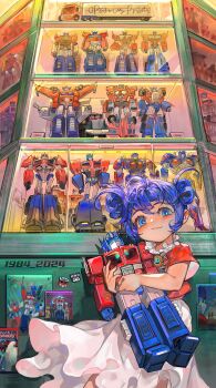 1girl :3 absurdres aged_down anniversary arcee beast_wars beast_wars:_transformers beast_wars_ii blue_eyes blue_hair bumblebee_(transformers) child cliffjumper commentary double_bun english_commentary fire_convoy frilled_shirt frills galaxy_convoy ginrai_(transformers) hair_bun highres holding holding_toy hugging_object kotobukiya_bishoujo lio_convoy matrix_of_leadership namikaze_(dobbyka) nemesis_prime optimus_prime optimus_prime_(kotobukiya_bishoujo) ratchet_(transformers) red_shirt shirt skirt smile starscream the_transformers_(idw) toy transformers transformers:_earthspark transformers:_generation_1 transformers_(2007_movie) transformers_(live_action) transformers_animated transformers_armada transformers_car_robots transformers_cybertron transformers_one transformers_prime transformers_shattered_glass transformers_super-god_masterforce transformers_unicron_trilogy white_skirt