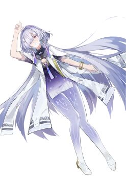 1girl absurdres arm_up bracelet colored_eyelashes colored_shoe_soles dress dutch_angle earrings flat_chest full_body gold_bracelet gold_earrings gold_ring gradient_clothes gradient_dress grey_hair hair_intakes hair_ornament hair_over_one_eye high_heels highres huang_men_tudou_lei index_ring jacket jellyfish_cut jewelry knees_together_feet_apart lapels light_blush long_bangs long_hair looking_at_viewer microdress mornye_(wuthering_waves) notched_lapels one_eye_covered open_clothes open_jacket parted_lips pumps puritan_collar purple_dress red_eyes see-through_body shoes short-sleeved_jacket short_sleeves side_slit simple_background solo triangle_earrings triangle_hair_ornament very_long_hair white_background white_eyelashes white_jacket white_shoes wuthering_waves