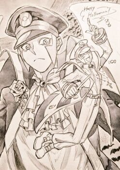 2boys amasora0 arm_up ascot belt brothers candy closed_mouth coat commentary cross cross_necklace emmet_(pokemon) flower food full_body greyscale happy_halloween hat holding index_finger_raised ingo_(pokemon) jewelry long_sleeves male_focus monochrome multiple_boys necklace nintendo open_mouth pants peaked_cap pokemon pokemon_bw rose shoes short_hair siblings silk spider_web twins wrapped_candy