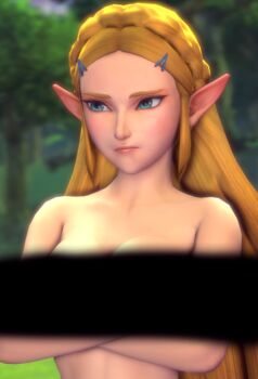 3d bar_censor bare_shoulders blonde_hair blue_eyes blush braid breasts censored cleavage crossed_arms lips long_hair nintendo nude pointy_ears pout princess_zelda the_legend_of_zelda the_legend_of_zelda:_breath_of_the_wild woozysfm