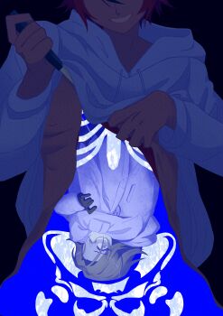 2boys absurdres aotsuki_eito black_background black_gloves blue_theme body_horror commentary covered_mouth english_commentary glasses gloves grey_hair grin highres hip_bones holding holding_knife hood hoodie jacket knife looking_at_viewer male_focus multiple_boys noct2aa red_hair ribs short_hair simple_background smile sumino_takumi the_hundred_line_-last_defense_academy- white_hoodie white_jacket wide-eyed