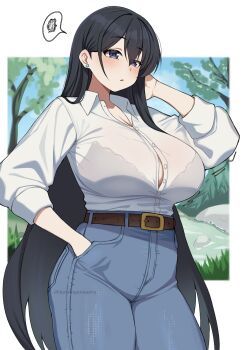 1girl arato_nagi belt black_bra black_hair blue_pants blue_sky blush bra bra_visible_through_clothes breasts collared_shirt commentary_request curvy day denim grass hair_between_eyes harutoyumaarts highres huge_breasts jeans large_breasts long_hair outdoors pants parted_lips purple_eyes rock ruri_no_houseki shirt sidelocks sky solo spoken_squiggle squiggle standing three-quarter_sleeves tree underwear very_long_hair white_background white_shirt