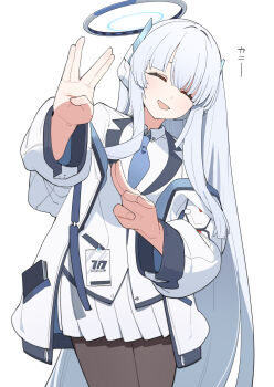 Rule 34 | 1girl, absurdres, black pantyhose, blue archive, blue necktie, closed eyes, commentary request, halo, headgear, highres, jacket, long hair, maton 3110, mechanical halo, necktie, noa (blue archive), open mouth, pantyhose, pleated skirt, shirt, skirt, sky, smile, solo, very long hair, white hair, white jacket, white shirt, white skirt