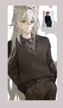 Rule 34 | 1boy, animal ear fluff, animal ears, black pants, black sweater, border, cat boy, cat ears, cat tail, closed mouth, cowboy shot, crossed bangs, d yoong, grey border, grey hair, grey shirt, hair between eyes, hands in pockets, hashtag-only commentary, highres, long hair, male focus, pants, photo-referenced, severian lowell, shirt, solo, sweater, tail, white background, yellow eyes, zenless zone zero