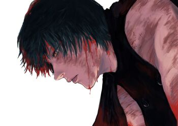 1girl black_cloak black_shirt bleeding blood blood_drip blood_in_hair blood_on_face blood_splatter burn_scar cloak commentary cropped_arms cropped_torso english_commentary facial_scar from_side green_hair highres jujutsu_kaisen looking_down n06ara nosebleed orange_eyes scar scar_on_arm scar_on_cheek scar_on_face shirt short_hair simple_background solo solo_focus white_background zen'in_maki