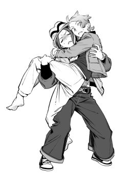 1boy 1girl ahoge barefoot closed_eyes commentary_request greyscale harmony_(pokemon) hat highres jacket long_sleeves mega_ring monochrome nintendo open_clothes open_jacket pants pocket pokemon pokemon_legends:_z-a reverse_princess_carry shoes short_hair simple_background sneakers sweat sweatdrop urbain_(pokemon) zizi_(azusako3)