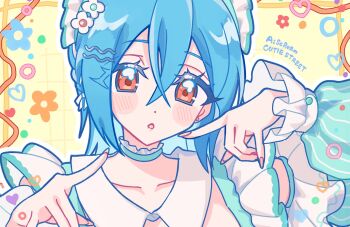 1girl ai_scream!_(love_live!) blue_choker blue_hair choker collarbone commentary_request crossed_bangs flower_hairpin frilled_choker frills hair_between_eyes hair_ornament hairclip heart highres looking_at_viewer love_live! love_live!_superstar!! maid maid_headdress medium_hair ookuma_wakana open_mouth orange_eyes parallel_hairclips portrait solo techimi voice_actor_connection wakana_shiki yellow_background