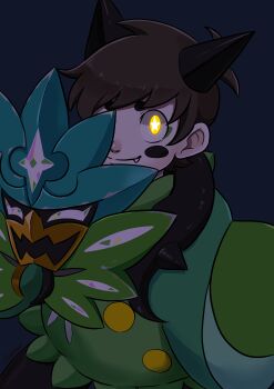 1boy absurdres alternate_eye_color animification antenna_hair black_horns blue_background borrowed_design brown_hair color_connection commentary_request cosplay edd_(eddsworld) eddsworld facepaint fang glowing glowing_eyes highres horns kashimiato long_sleeves looking_at_viewer male_focus mask nintendo ogerpon ogerpon_(cosplay) ogerpon_(teal_mask) one_eye_covered partial_commentary pokemon short_hair simple_background smile solo star-shaped_pupils star_(symbol) swept_bangs symbol-shaped_pupils wide_sleeves yellow_eyes