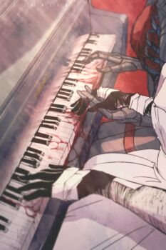 Rule 34 | android, ariane yeong, bandaged hand, bandages, black hands, blood, colored extremities, copyright name, dress, elster (signalis), exposed bone, from above, hand focus, head out of frame, highres, holding hands, instrument, legend knit, metal skin, music, piano, playing instrument, signalis, sitting, white dress, yuri