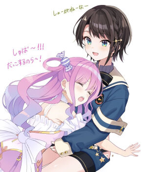 2girls armband back_bow blue_eyes blue_jacket blue_shorts blush bow brown_hair candy_hair_ornament clothing_cutout commentary_request crescent crescent_earrings detached_collar detached_sleeves dress earrings food-themed_hair_ornament frilled_dress frills glomp gradient_hair hair_ornament hair_rings highres himemori_luna himemori_luna_(1st_costume) hip_vent hololive hug invisible_chair jacket jewelry large_bow layered_dress long_hair long_sleeves looking_at_another mochi_jiro multicolored_hair multiple_girls no_headwear one_side_up oozora_subaru oozora_subaru_(suspenders) open_mouth panties panty_peek pink_dress pink_hair purple_hair short_hair shorts side_up_ring simple_background single_hair_ring sitting sleeve_cuffs sleeveless sleeveless_dress swept_bangs tantrum underwear virtual_youtuber wavy_hair white_background