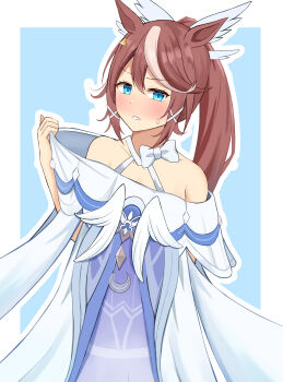 Rule 34 | 1girl, absurdres, alternate costume, animal ears, bare shoulders, blue eyes, blush, brown hair, collarbone, columbina (genshin impact), columbina (genshin impact) (cosplay), commentary request, cosplay, crescent, dress, genshin impact, hair between eyes, hair ornament, head wings, high ponytail, highres, horse ears, horse girl, long hair, looking at viewer, multicolored hair, parted lips, ponytail, sky wing12, solo, streaked hair, sweatdrop, tokai teio (umamusume), umamusume, white dress, white hair, white wings, wing hair ornament, wings